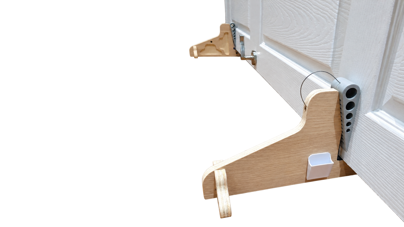 Two British-made Doorstand clamps holding a door securely